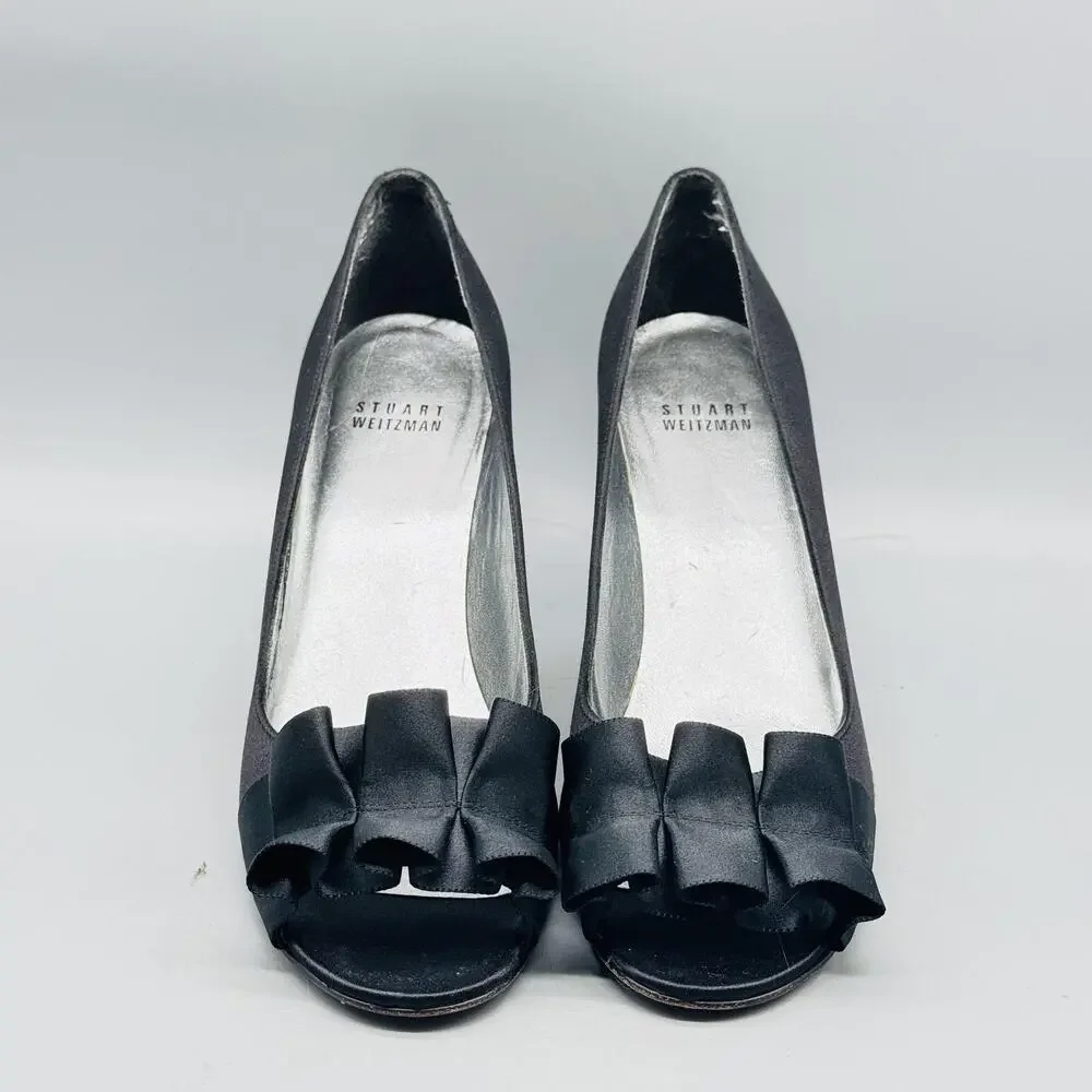 Stuart Weitzman Shoes Women 8.5 Black Satin Gigiritz Peep Toe Ruffle Pump Dress